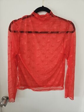 Sheer Red Long-Sleeve Mock Neck Top